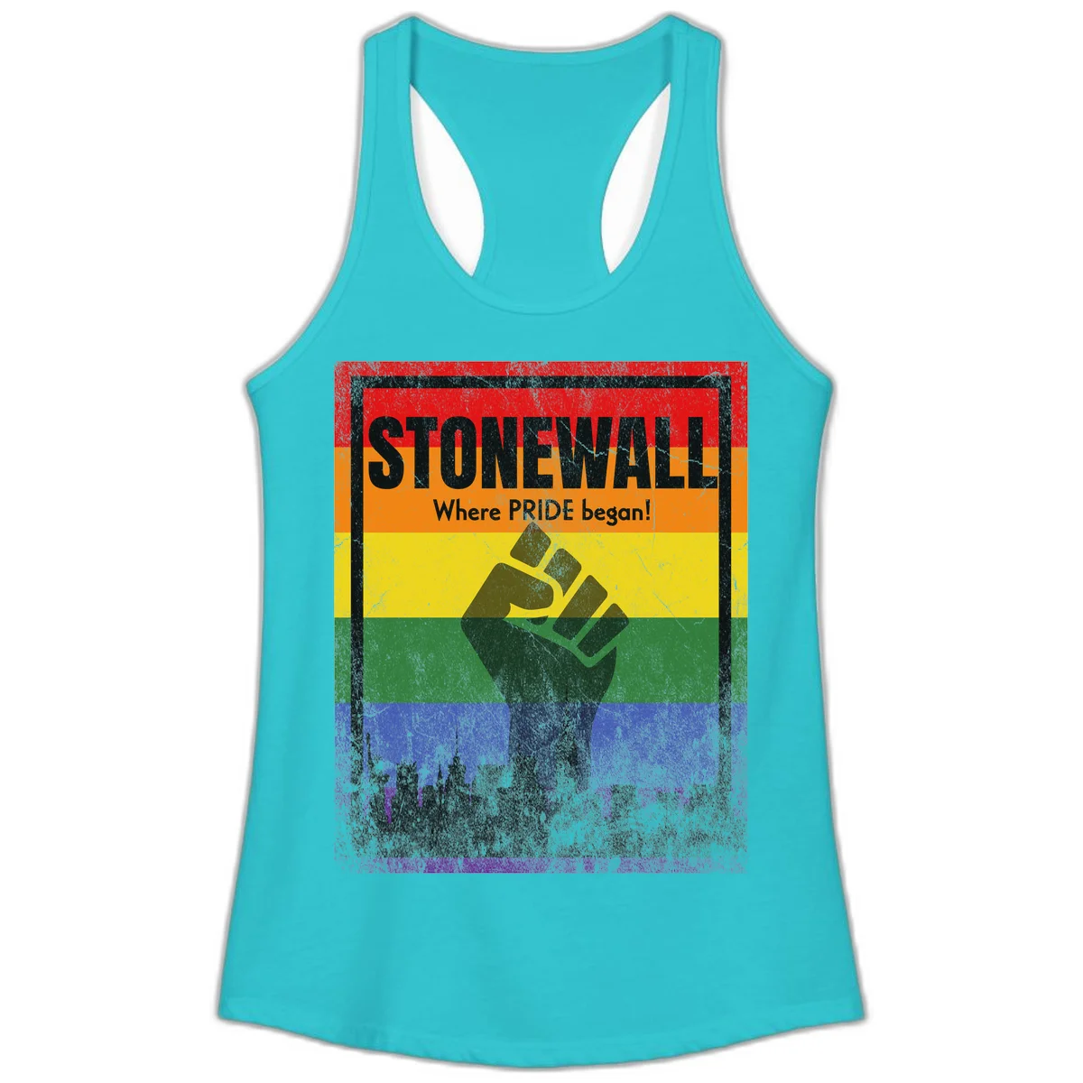 Stonewall pride history design: raised fist against rainbow flag with NYC skyline and 'Where Pride began' text in Solid Tahiti Blue