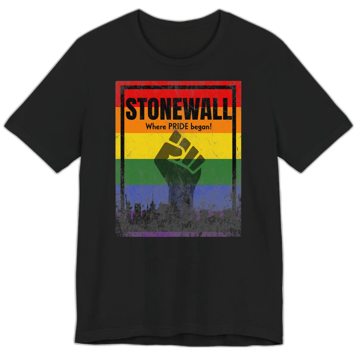 Stonewall pride history design: raised fist against rainbow flag with NYC skyline and 'Where Pride began' text in Black