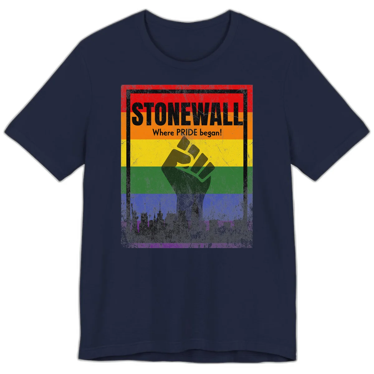 Stonewall pride history design: raised fist against rainbow flag with NYC skyline and 'Where Pride began' text in Navy