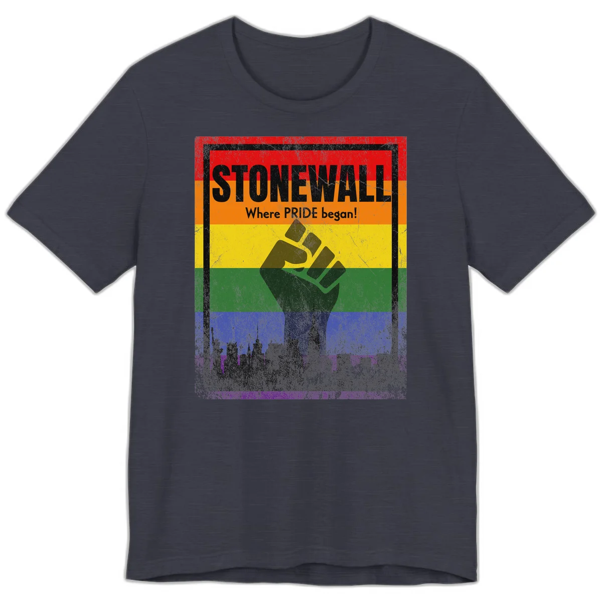 Stonewall pride history design: raised fist against rainbow flag with NYC skyline and 'Where Pride began' text in Heather Midnight Navy