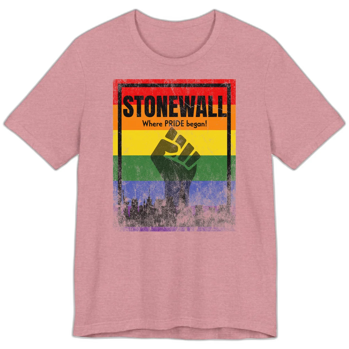 Stonewall pride history design: raised fist against rainbow flag with NYC skyline and 'Where Pride began' text in Heather Orchid