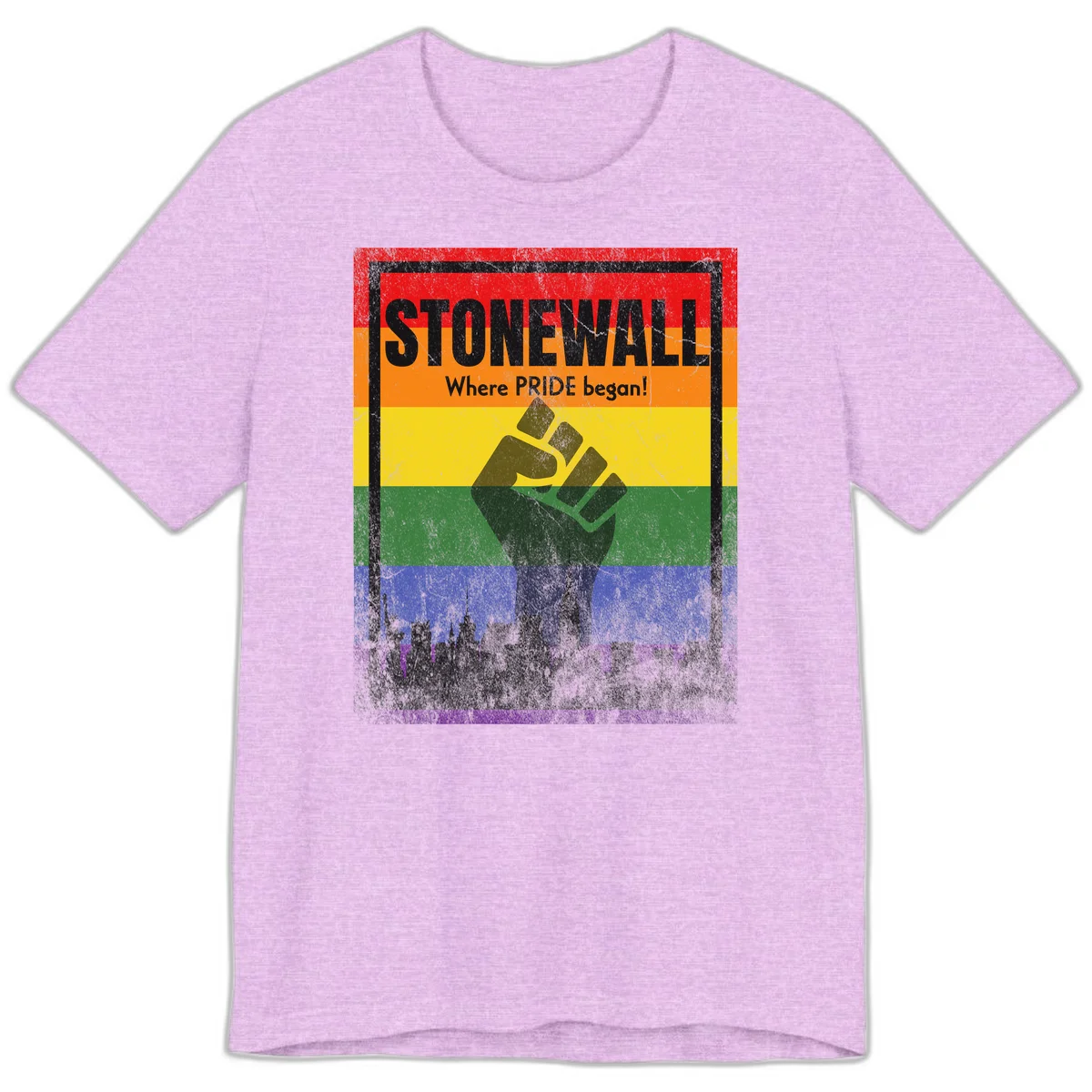 Stonewall pride history design: raised fist against rainbow flag with NYC skyline and 'Where Pride began' text in Heather Prism Lilac