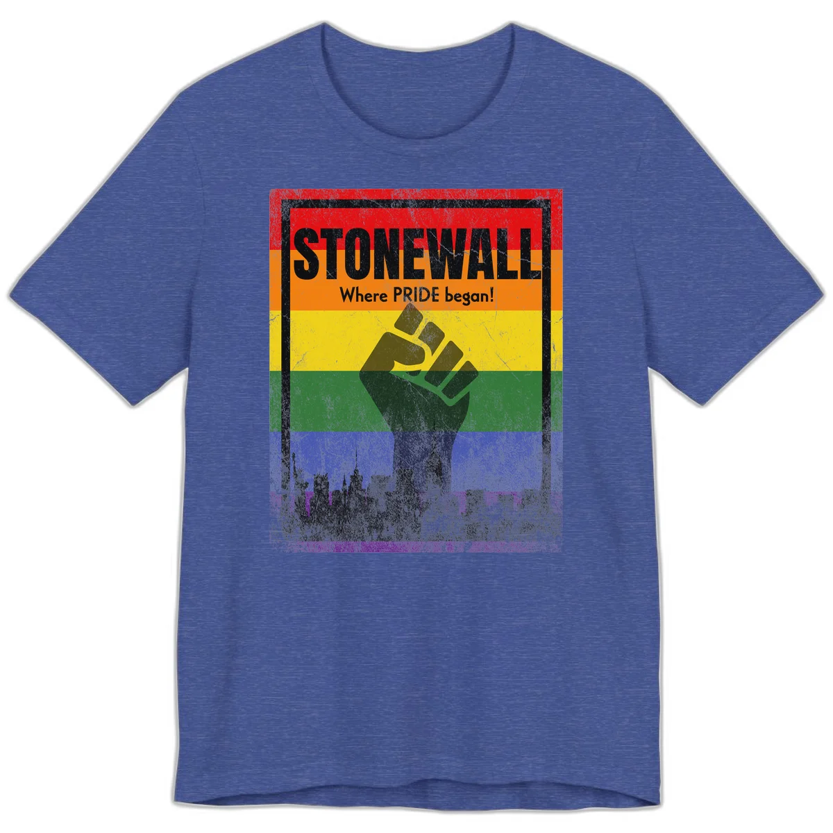Stonewall pride history design: raised fist against rainbow flag with NYC skyline and 'Where Pride began' text in Heather True Royal