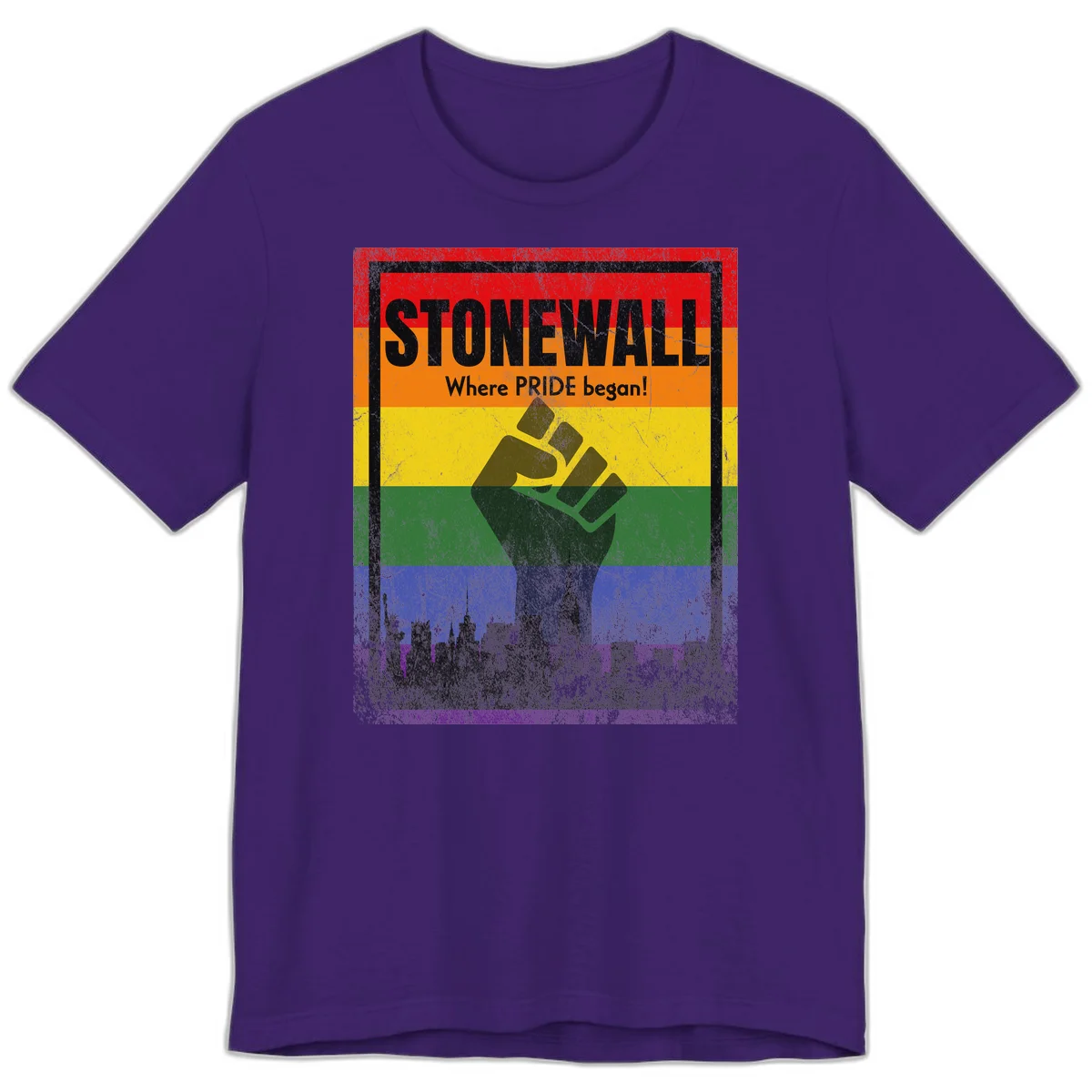 Stonewall pride history design: raised fist against rainbow flag with NYC skyline and 'Where Pride began' text in Team Purple