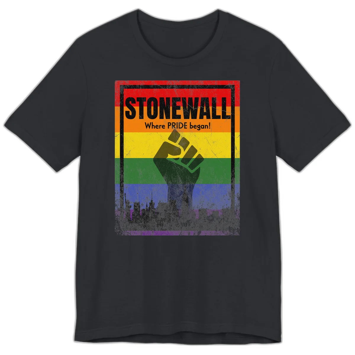 Stonewall pride history design: raised fist against rainbow flag with NYC skyline and 'Where Pride began' text in Vintage Black