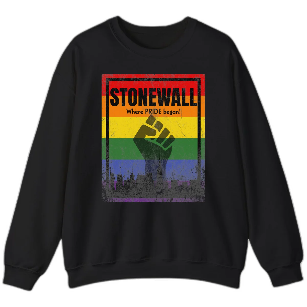 Stonewall pride history design: raised fist against rainbow flag with NYC skyline and 'Where Pride began' text in Black