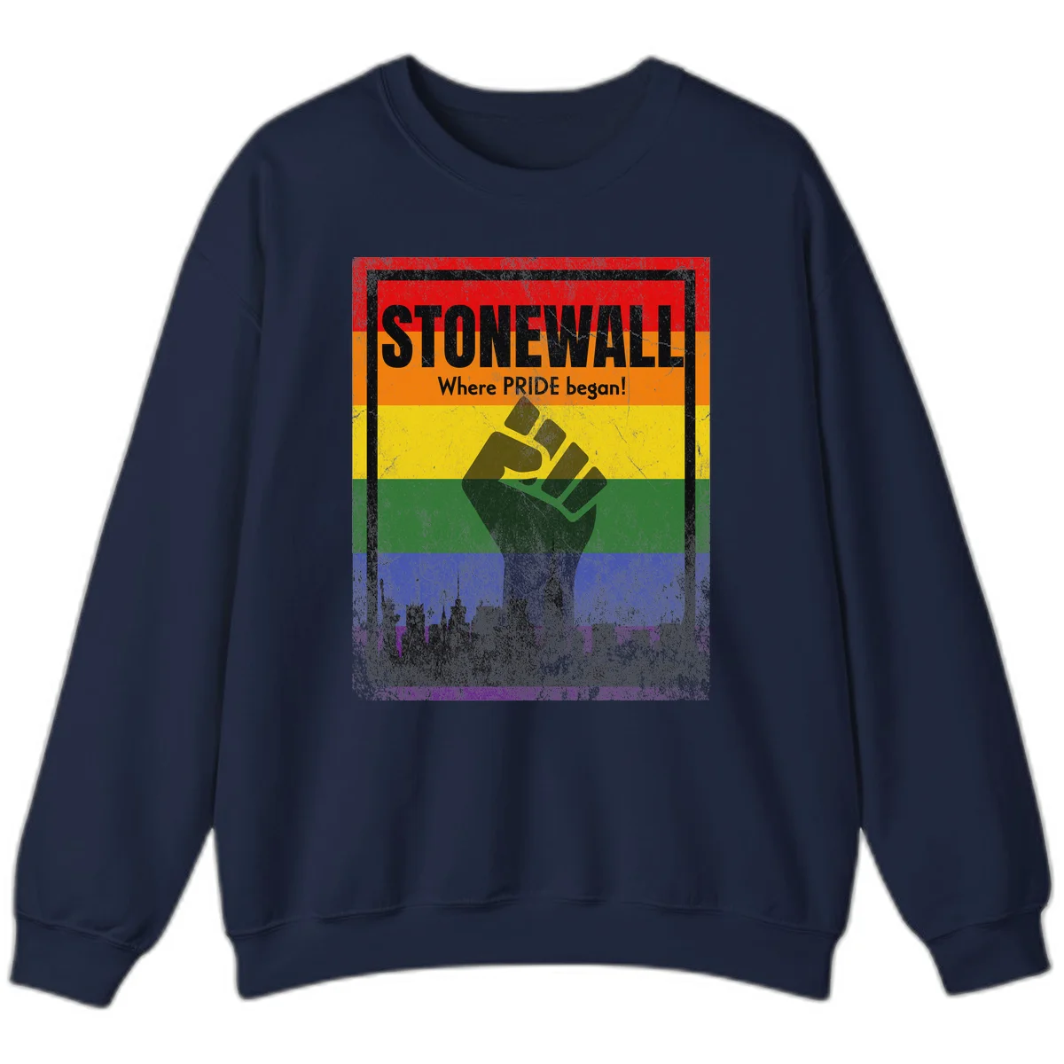 Stonewall pride history design: raised fist against rainbow flag with NYC skyline and 'Where Pride began' text in Navy