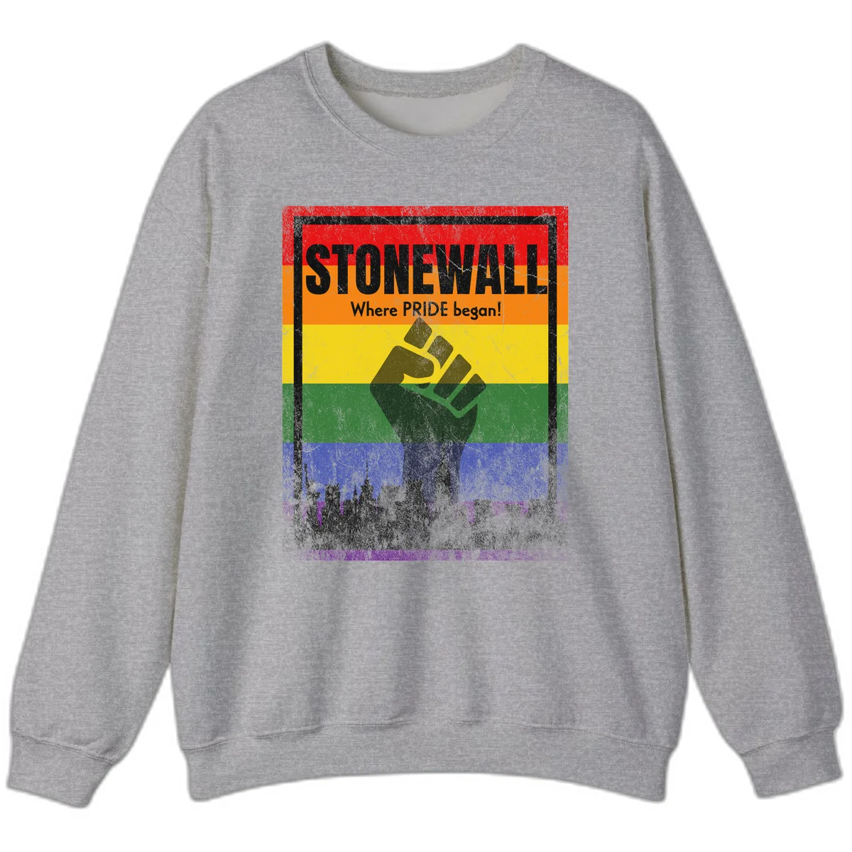 Stonewall pride history design: raised fist against rainbow flag with NYC skyline and 'Where Pride began' text in Sport Grey