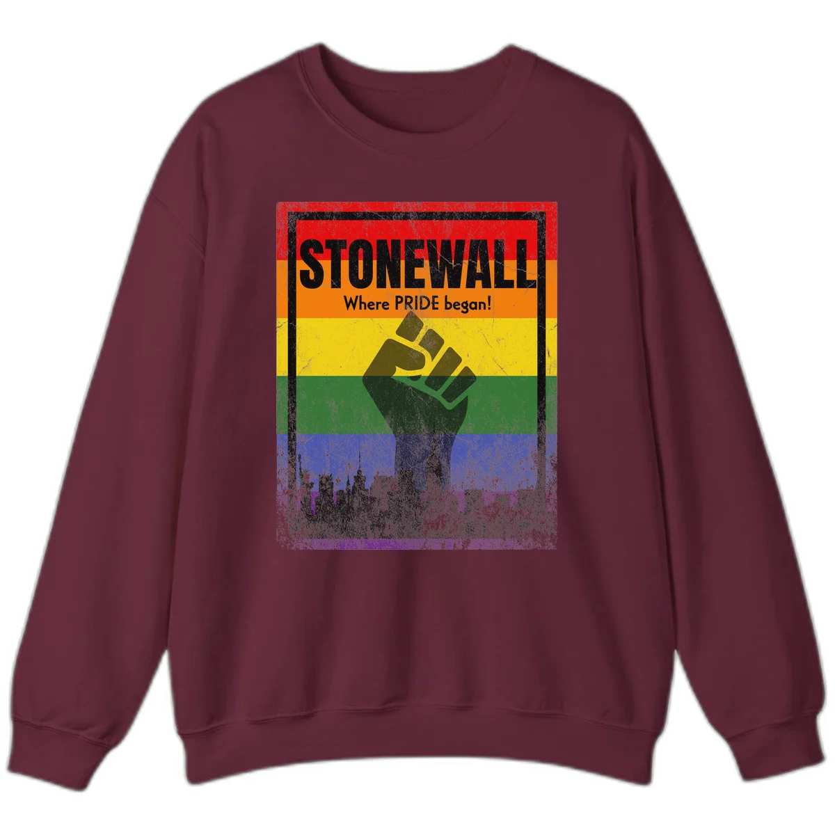 Stonewall pride history design: raised fist against rainbow flag with NYC skyline and 'Where Pride began' text in Maroon