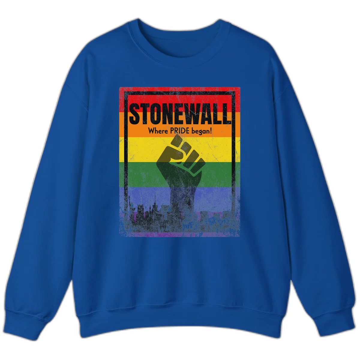 Stonewall pride history design: raised fist against rainbow flag with NYC skyline and 'Where Pride began' text in Royal