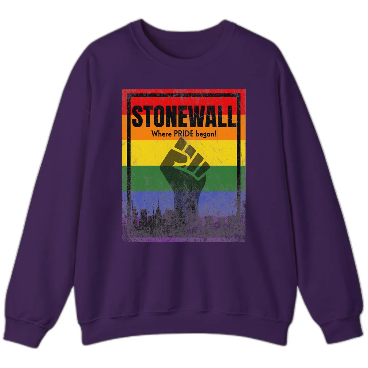 Stonewall pride history design: raised fist against rainbow flag with NYC skyline and 'Where Pride began' text in Purple