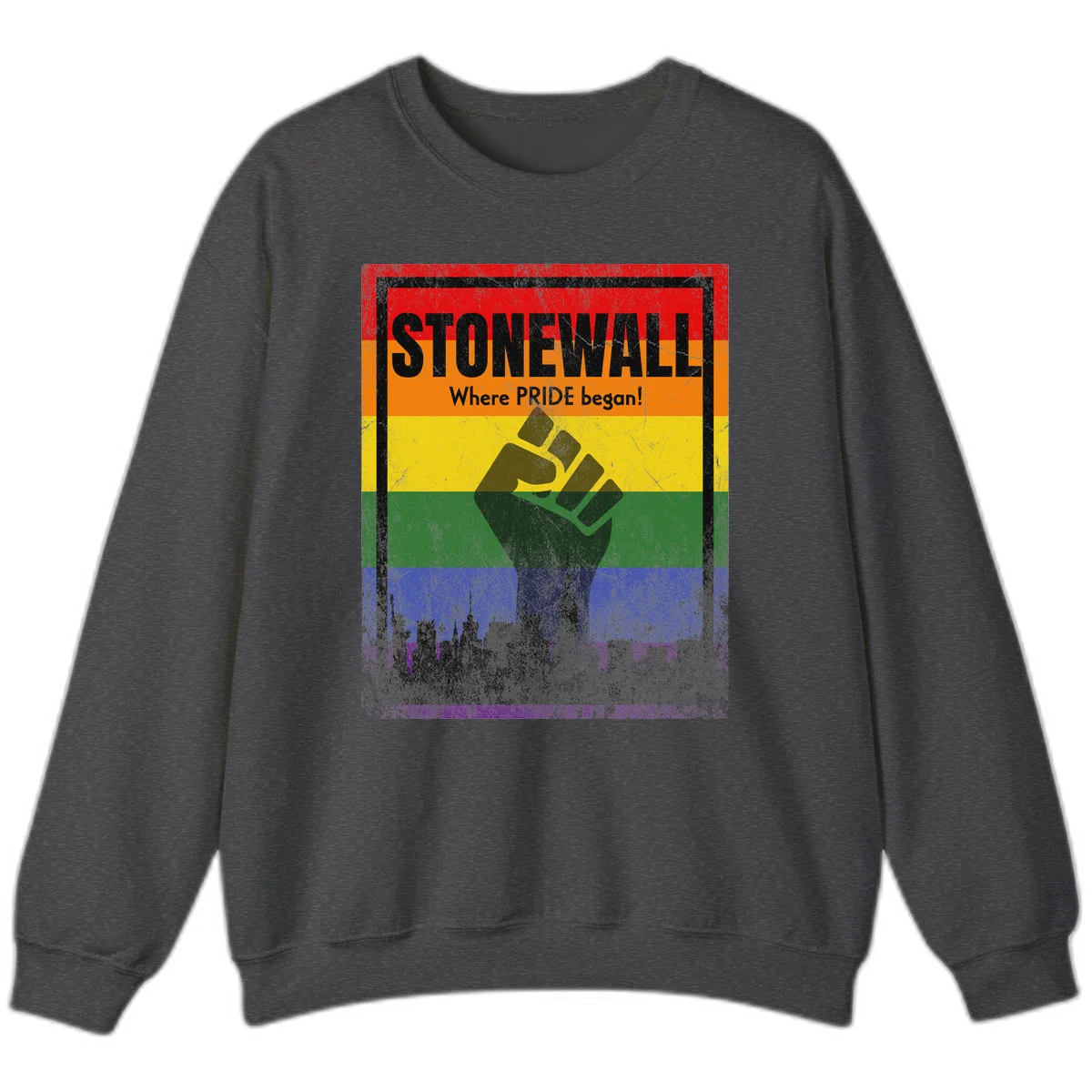 Stonewall pride history design: raised fist against rainbow flag with NYC skyline and 'Where Pride began' text in Dark Heather