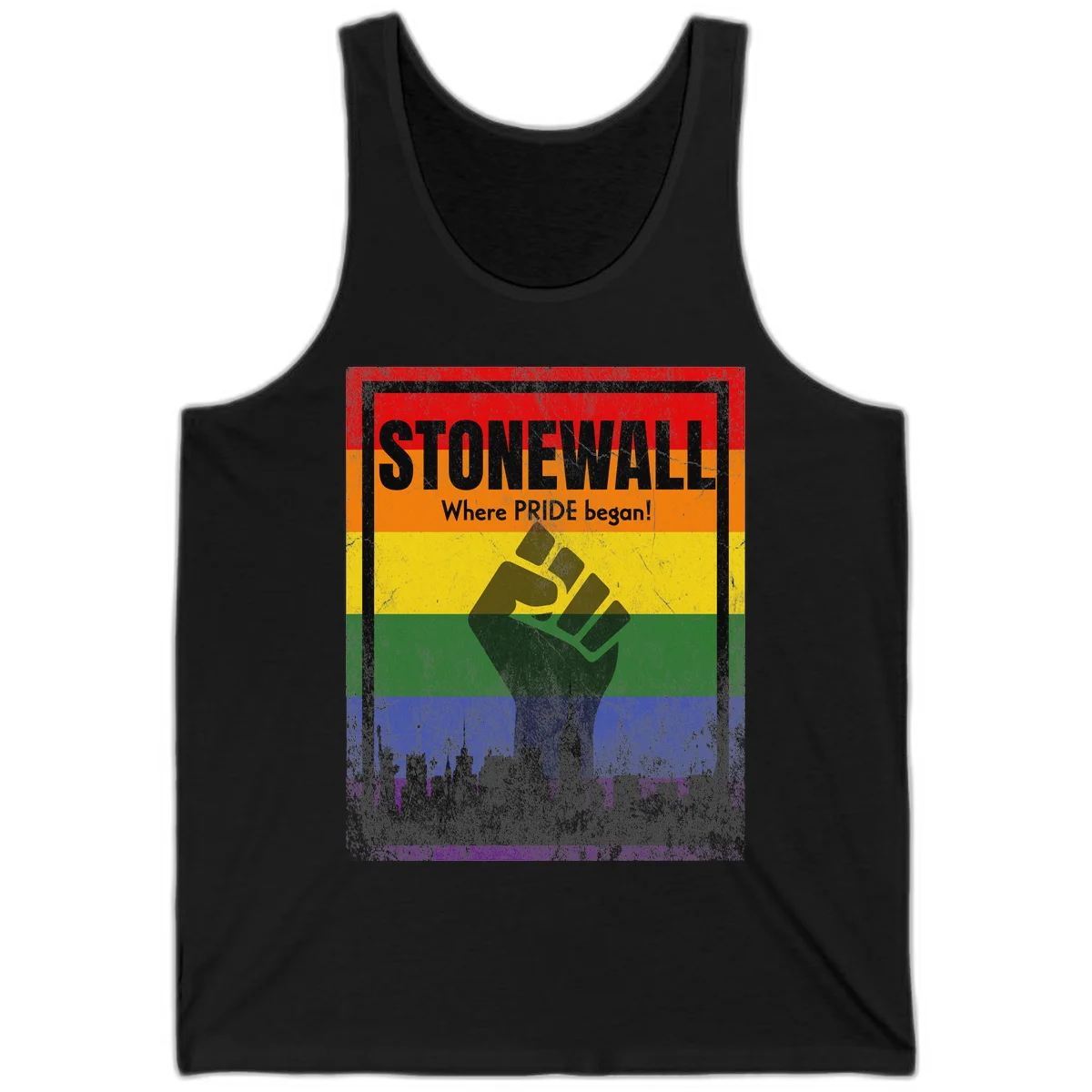 Stonewall pride history design: raised fist against rainbow flag with NYC skyline and 'Where Pride began' text in Black