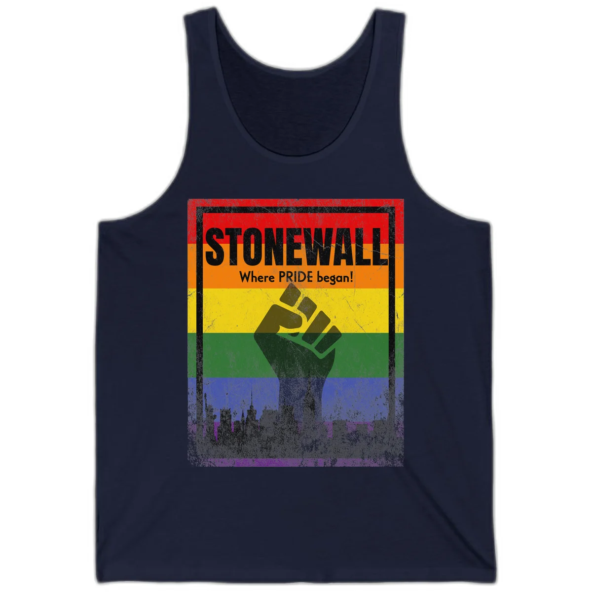 Stonewall pride history design: raised fist against rainbow flag with NYC skyline and 'Where Pride began' text in Navy