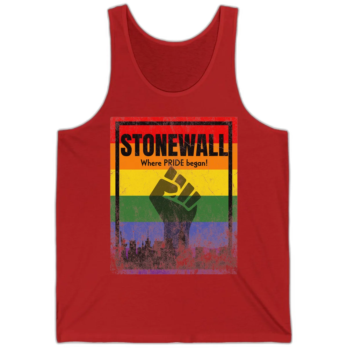 Stonewall pride history design: raised fist against rainbow flag with NYC skyline and 'Where Pride began' text in Red