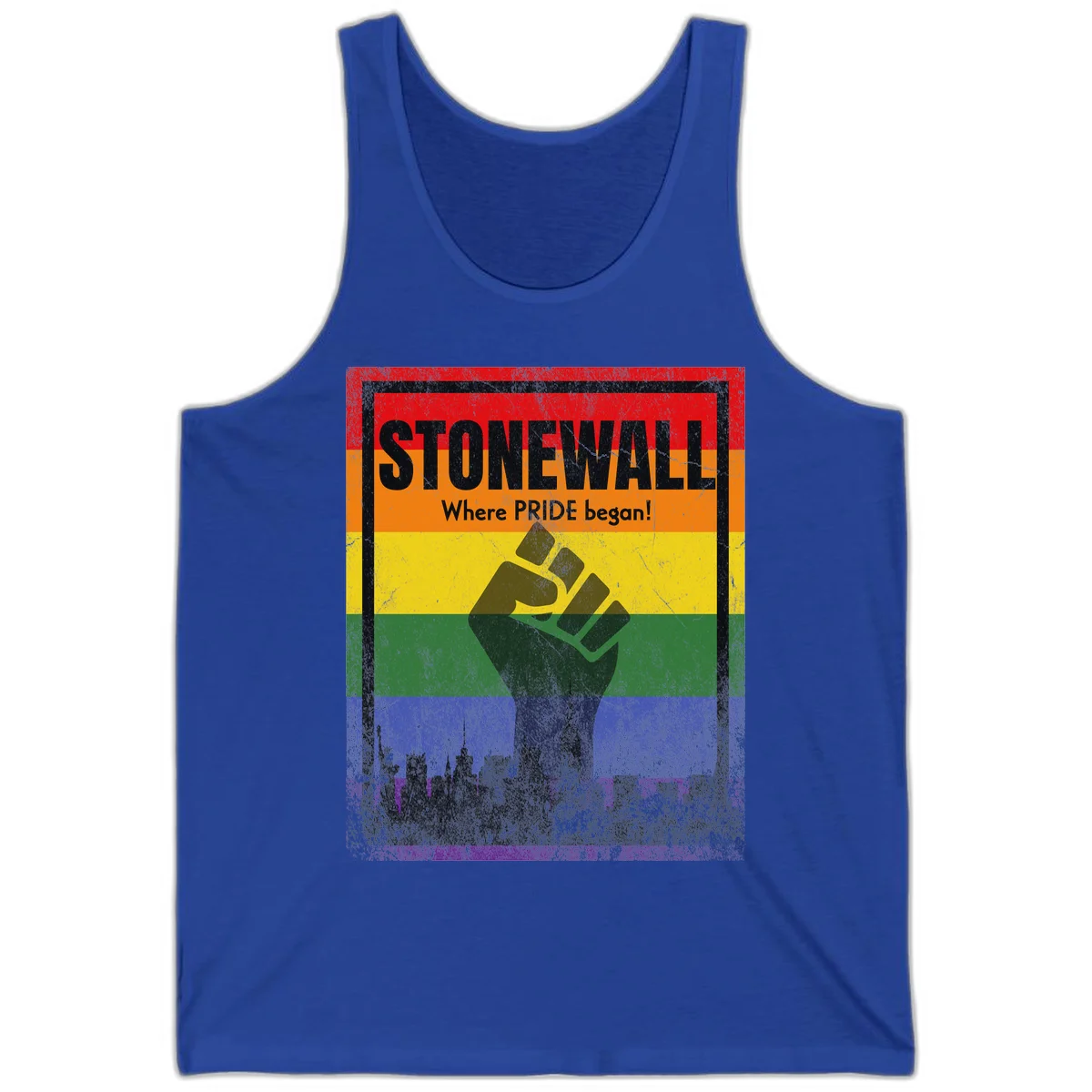 Stonewall pride history design: raised fist against rainbow flag with NYC skyline and 'Where Pride began' text in True Royal