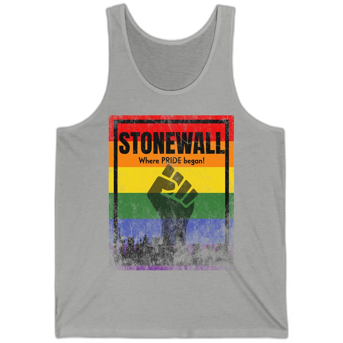 Stonewall pride history design: raised fist against rainbow flag with NYC skyline and 'Where Pride began' text in Athletic Heather
