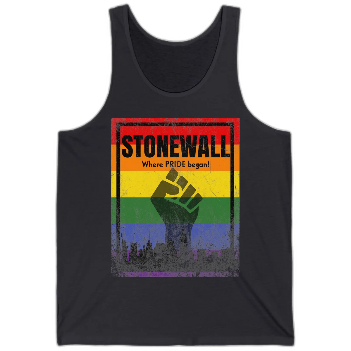 Stonewall pride history design: raised fist against rainbow flag with NYC skyline and 'Where Pride began' text in Dark Grey