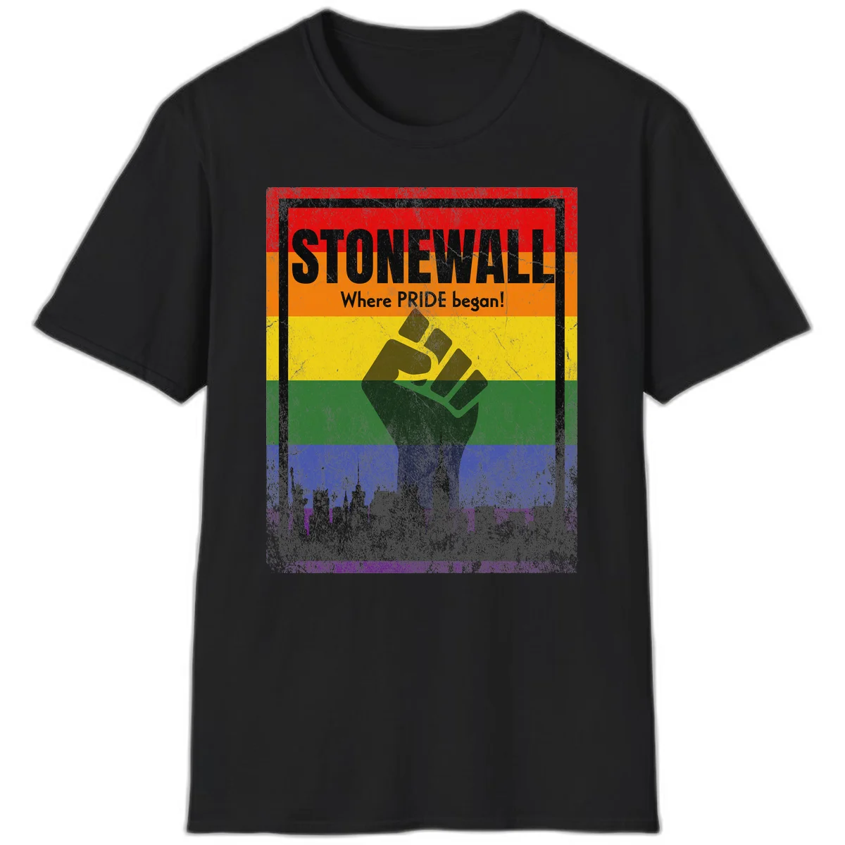 Stonewall pride history design: raised fist against rainbow flag with NYC skyline and 'Where Pride began' text in Black