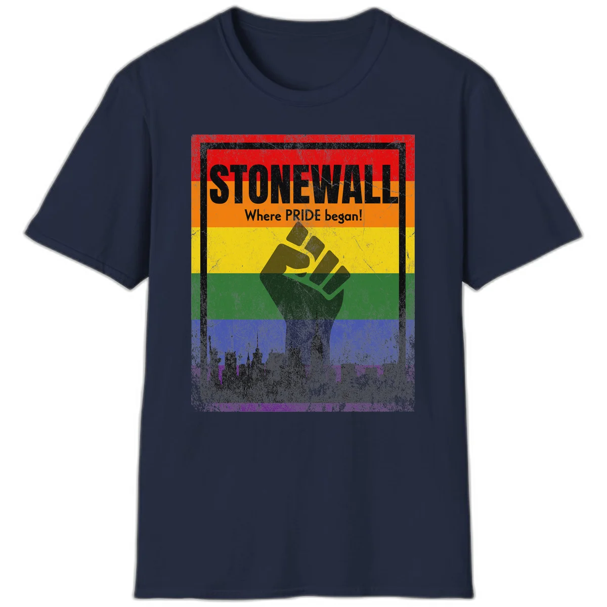 Stonewall pride history design: raised fist against rainbow flag with NYC skyline and 'Where Pride began' text in Navy