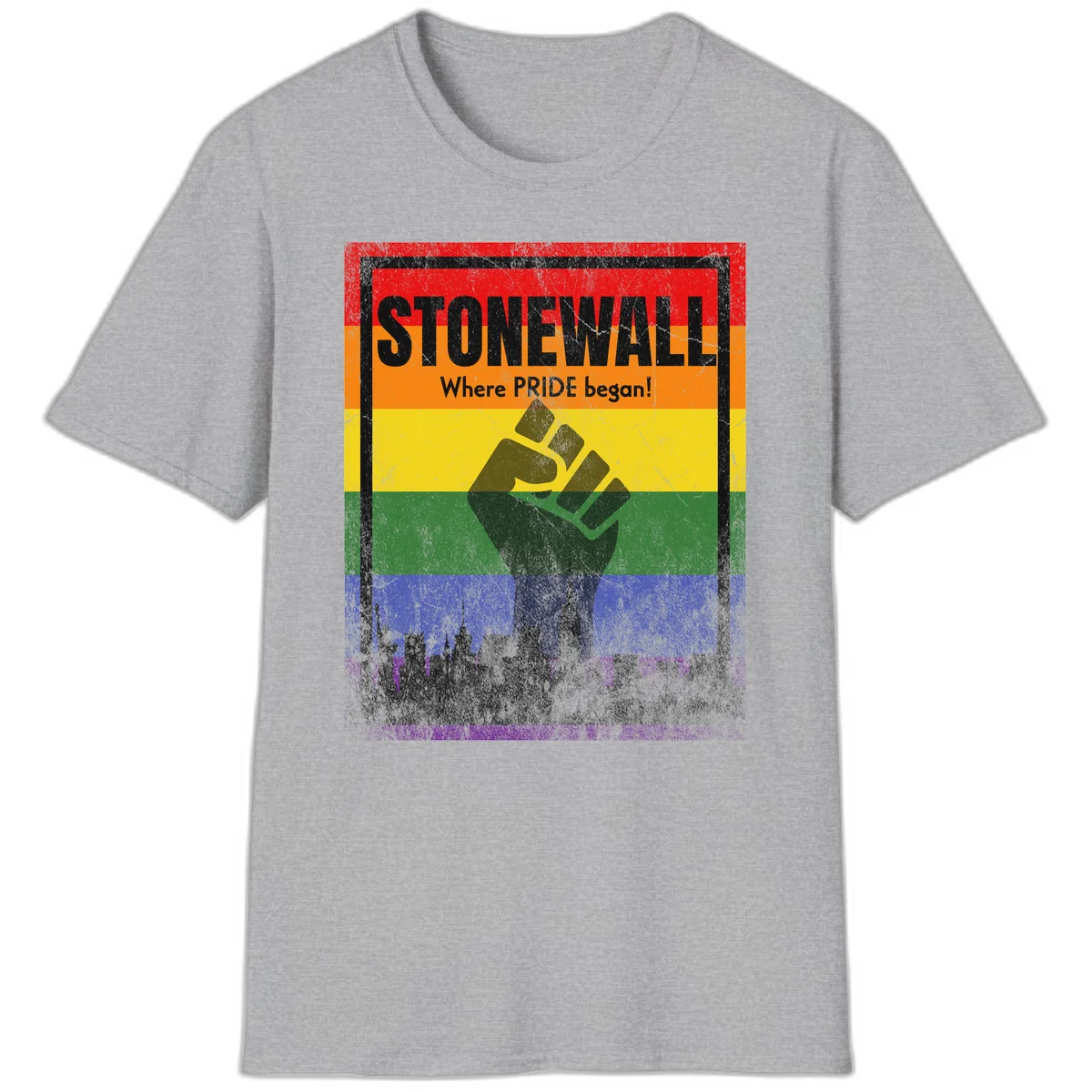 Stonewall pride history design: raised fist against rainbow flag with NYC skyline and 'Where Pride began' text in Sport Grey