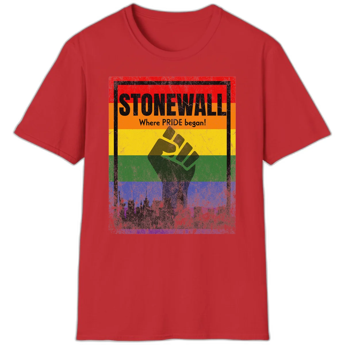 Stonewall pride history design: raised fist against rainbow flag with NYC skyline and 'Where Pride began' text in Red