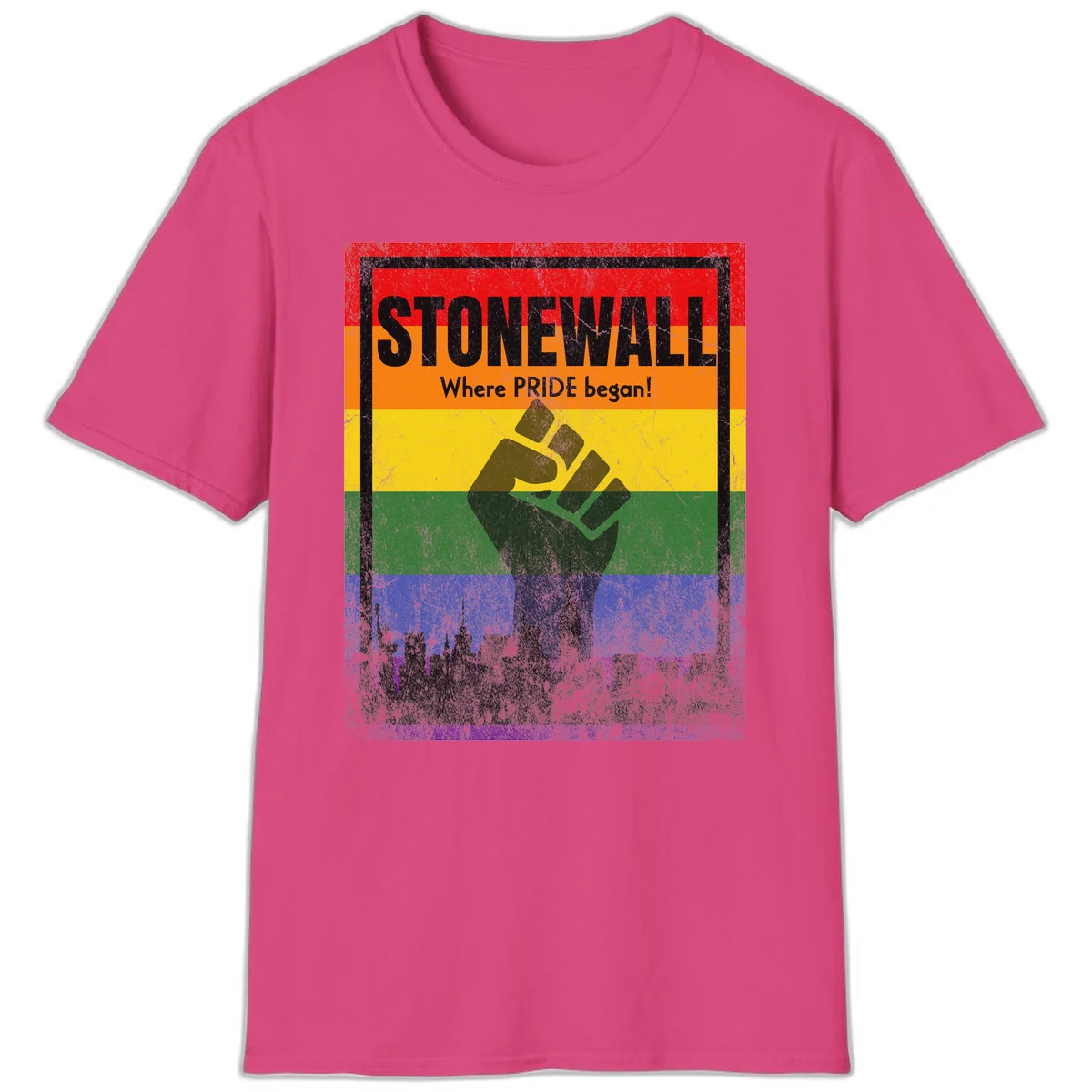 Stonewall pride history design: raised fist against rainbow flag with NYC skyline and 'Where Pride began' text in Heliconia