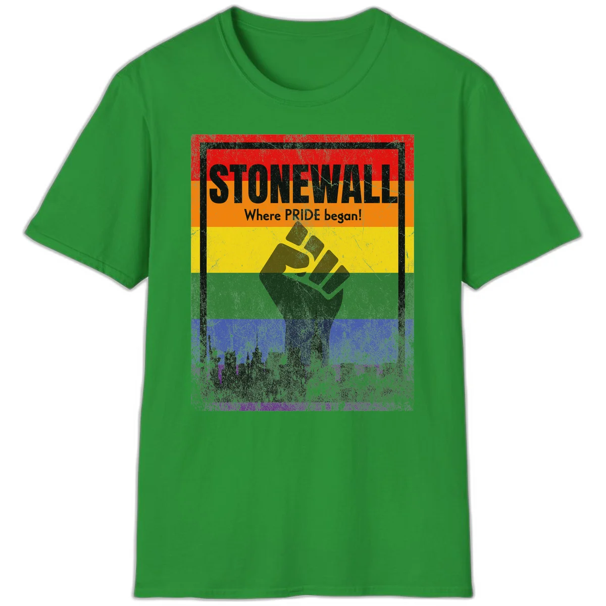 Stonewall pride history design: raised fist against rainbow flag with NYC skyline and 'Where Pride began' text in Irish Green