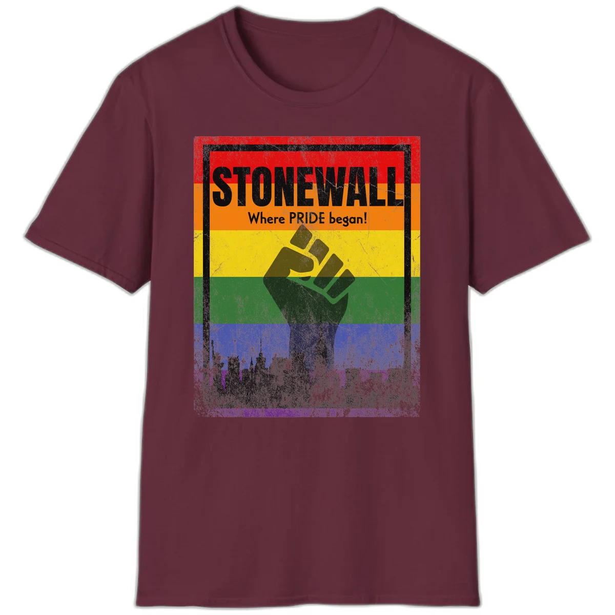 Stonewall pride history design: raised fist against rainbow flag with NYC skyline and 'Where Pride began' text in Maroon