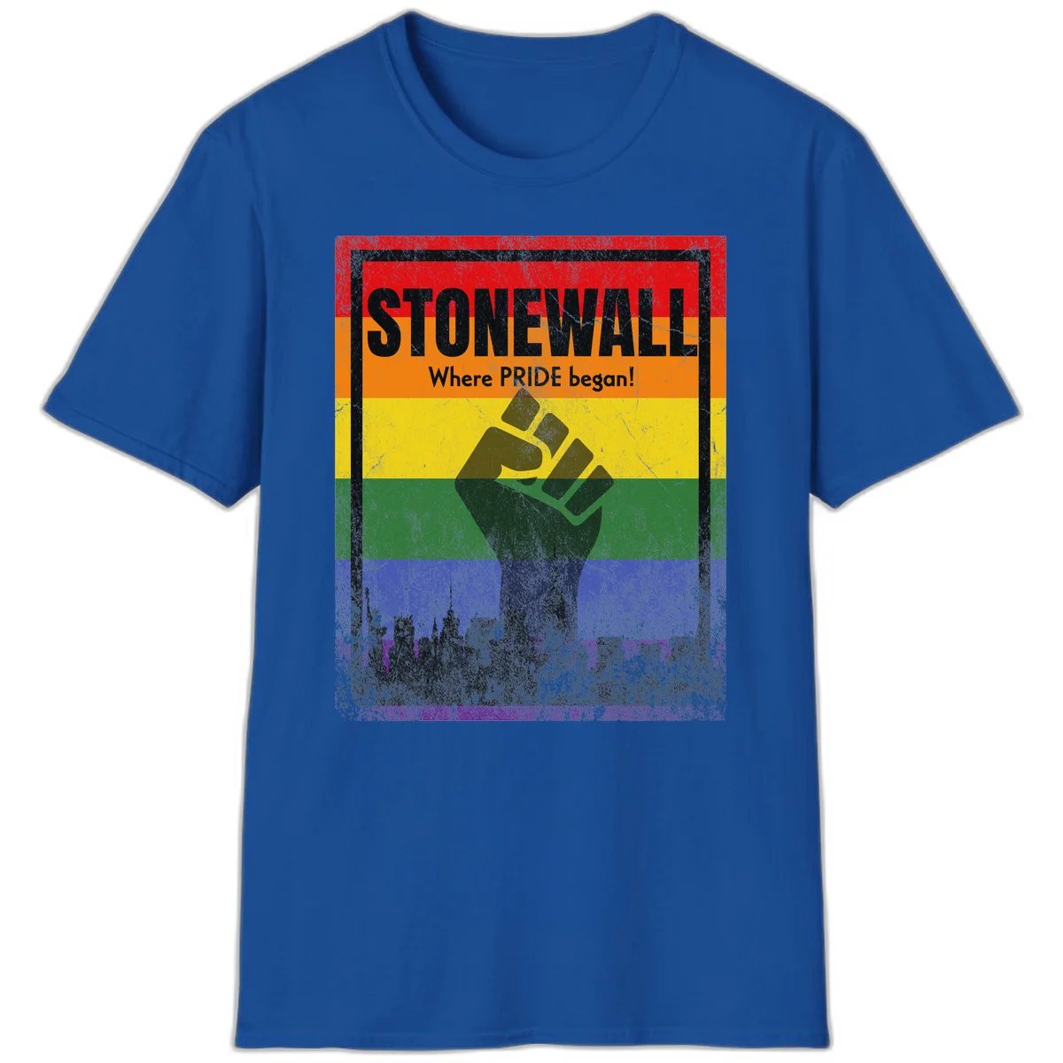 Stonewall pride history design: raised fist against rainbow flag with NYC skyline and 'Where Pride began' text in Royal