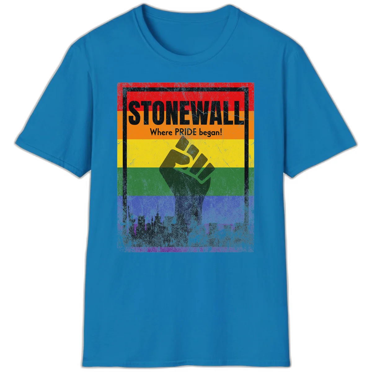 Stonewall pride history design: raised fist against rainbow flag with NYC skyline and 'Where Pride began' text in Sapphire