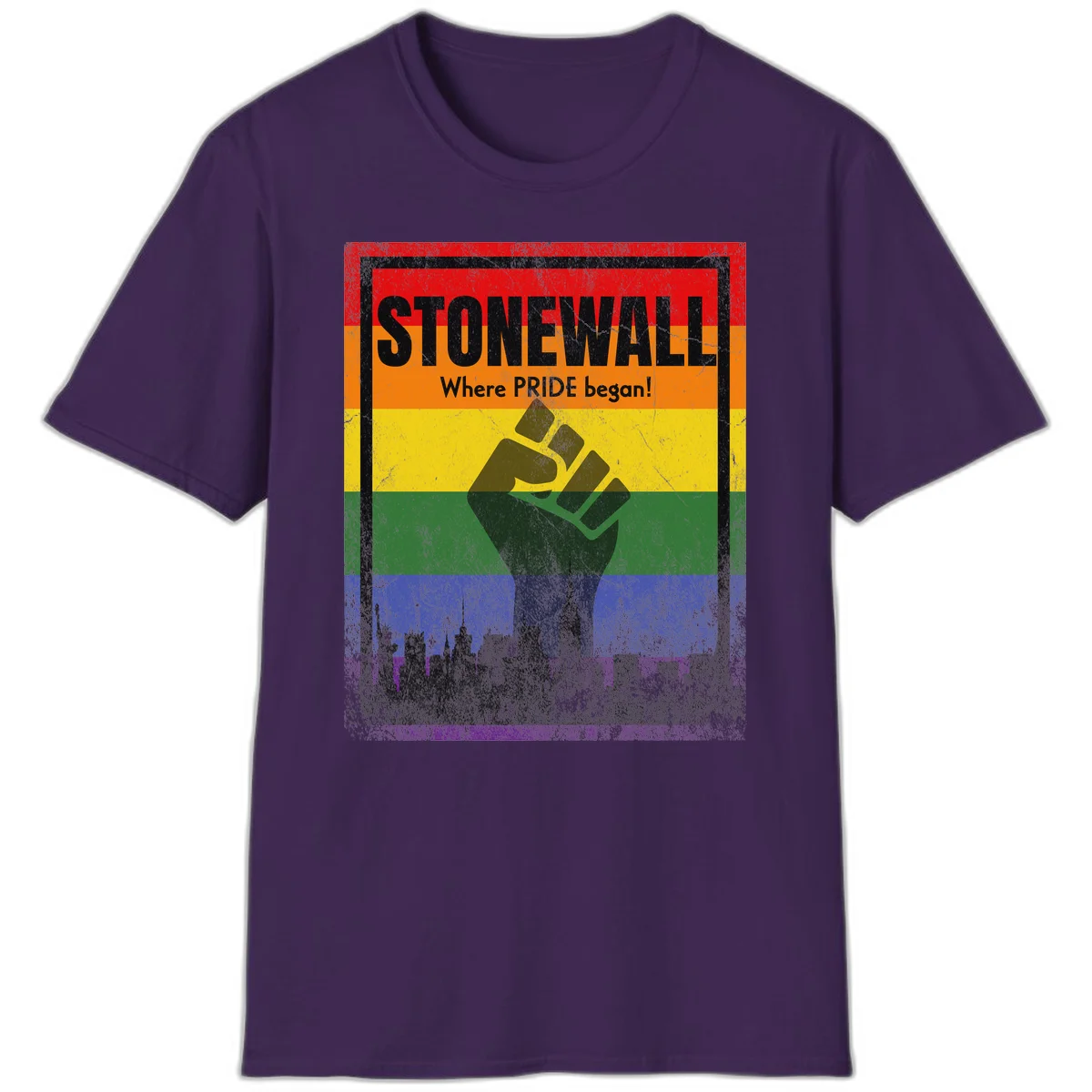 Stonewall pride history design: raised fist against rainbow flag with NYC skyline and 'Where Pride began' text in Purple