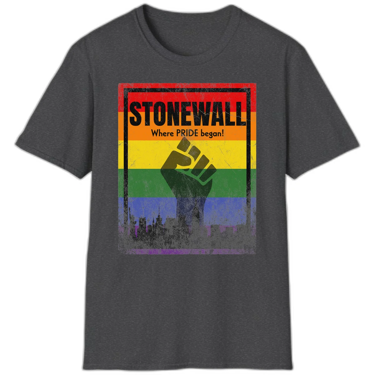 Stonewall pride history design: raised fist against rainbow flag with NYC skyline and 'Where Pride began' text in Dark Heather