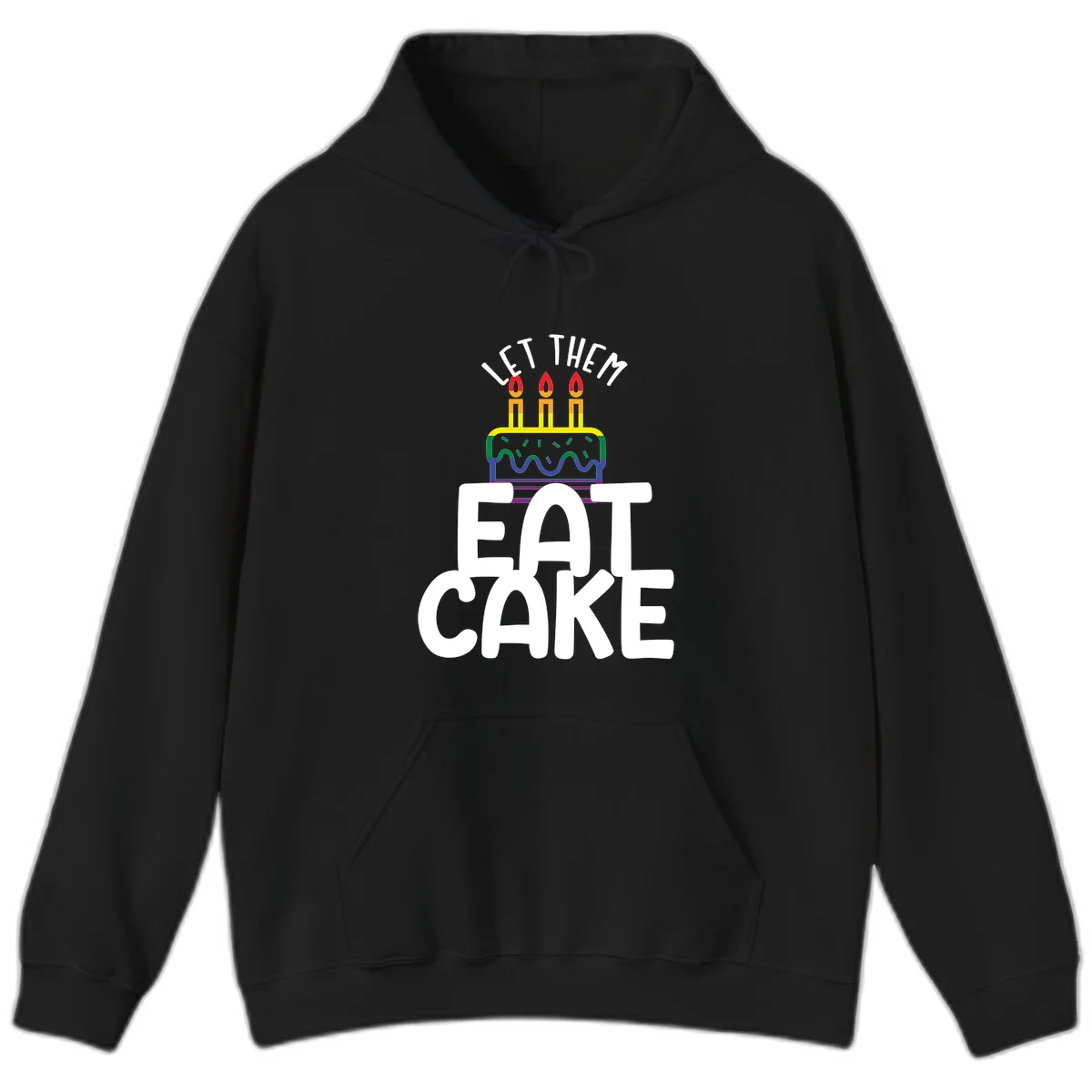 Rainbow-layered birthday cake with three candles above bold white text reading 'Let Them Eat Cake' - a Pride-themed design in Black