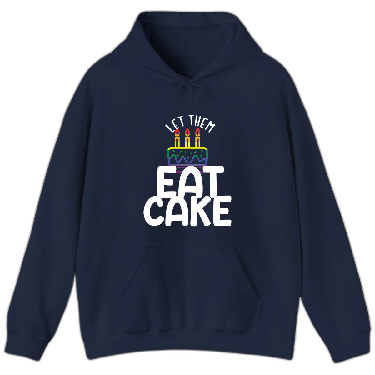 Rainbow-layered birthday cake with three candles above bold white text reading 'Let Them Eat Cake' - a Pride-themed design in Navy