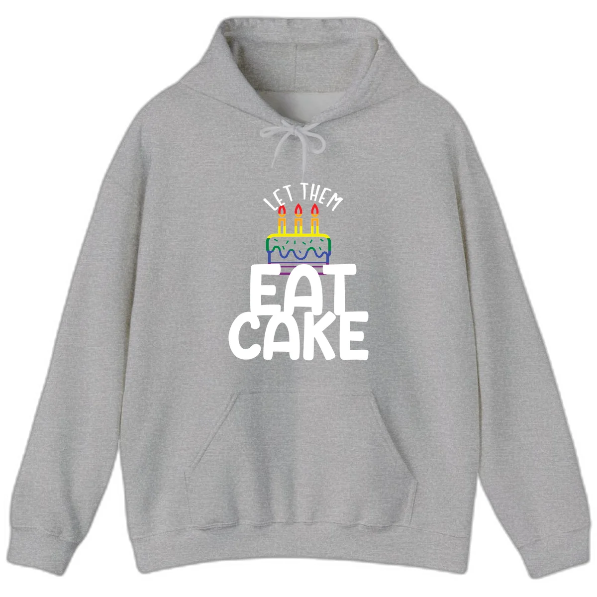 Rainbow-layered birthday cake with three candles above bold white text reading 'Let Them Eat Cake' - a Pride-themed design in Sport Grey