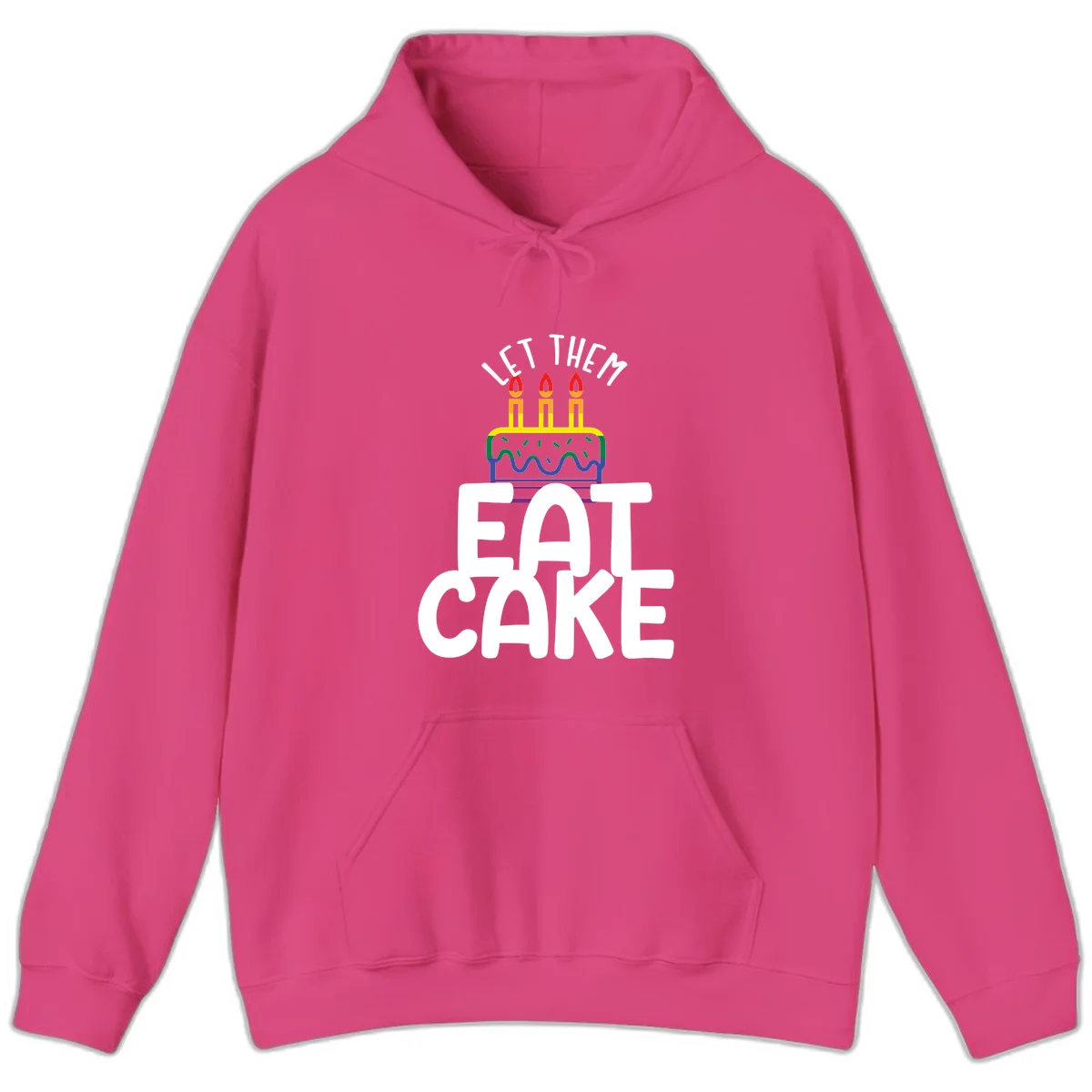 Rainbow-layered birthday cake with three candles above bold white text reading 'Let Them Eat Cake' - a Pride-themed design in Heliconia