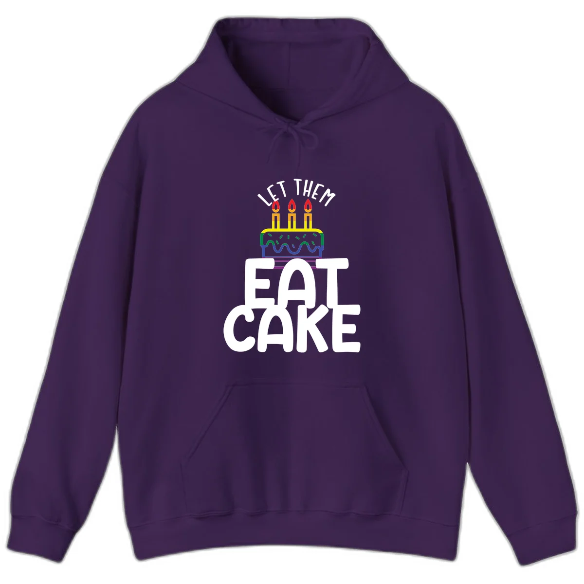 Rainbow-layered birthday cake with three candles above bold white text reading 'Let Them Eat Cake' - a Pride-themed design in Purple