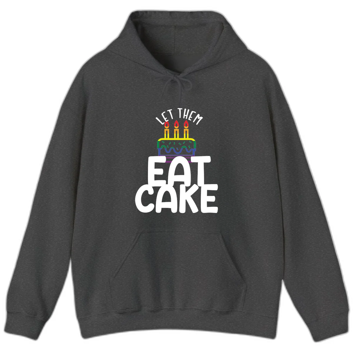 Rainbow-layered birthday cake with three candles above bold white text reading 'Let Them Eat Cake' - a Pride-themed design in Dark Heather