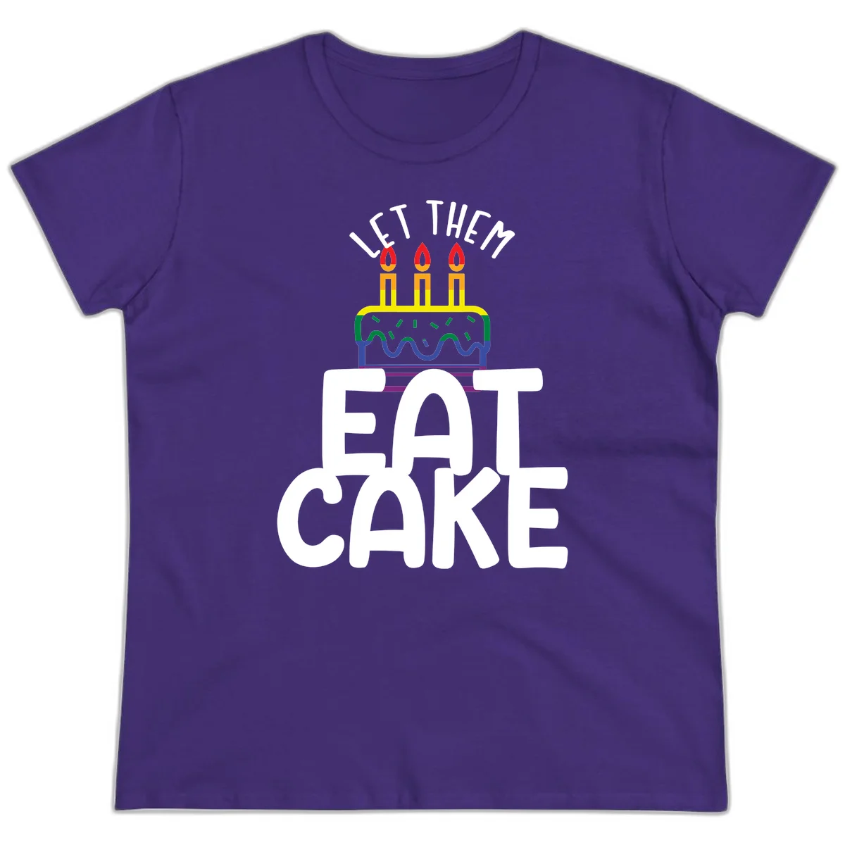 Rainbow-layered birthday cake with three candles above bold white text reading 'Let Them Eat Cake' - a Pride-themed design in Purple