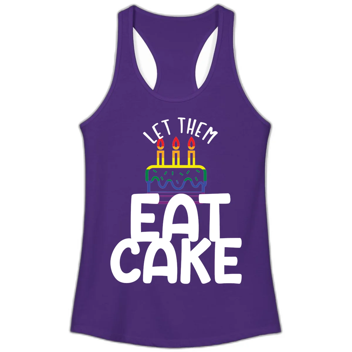 Rainbow-layered birthday cake with three candles above bold white text reading 'Let Them Eat Cake' - a Pride-themed design in Solid Purple Rush