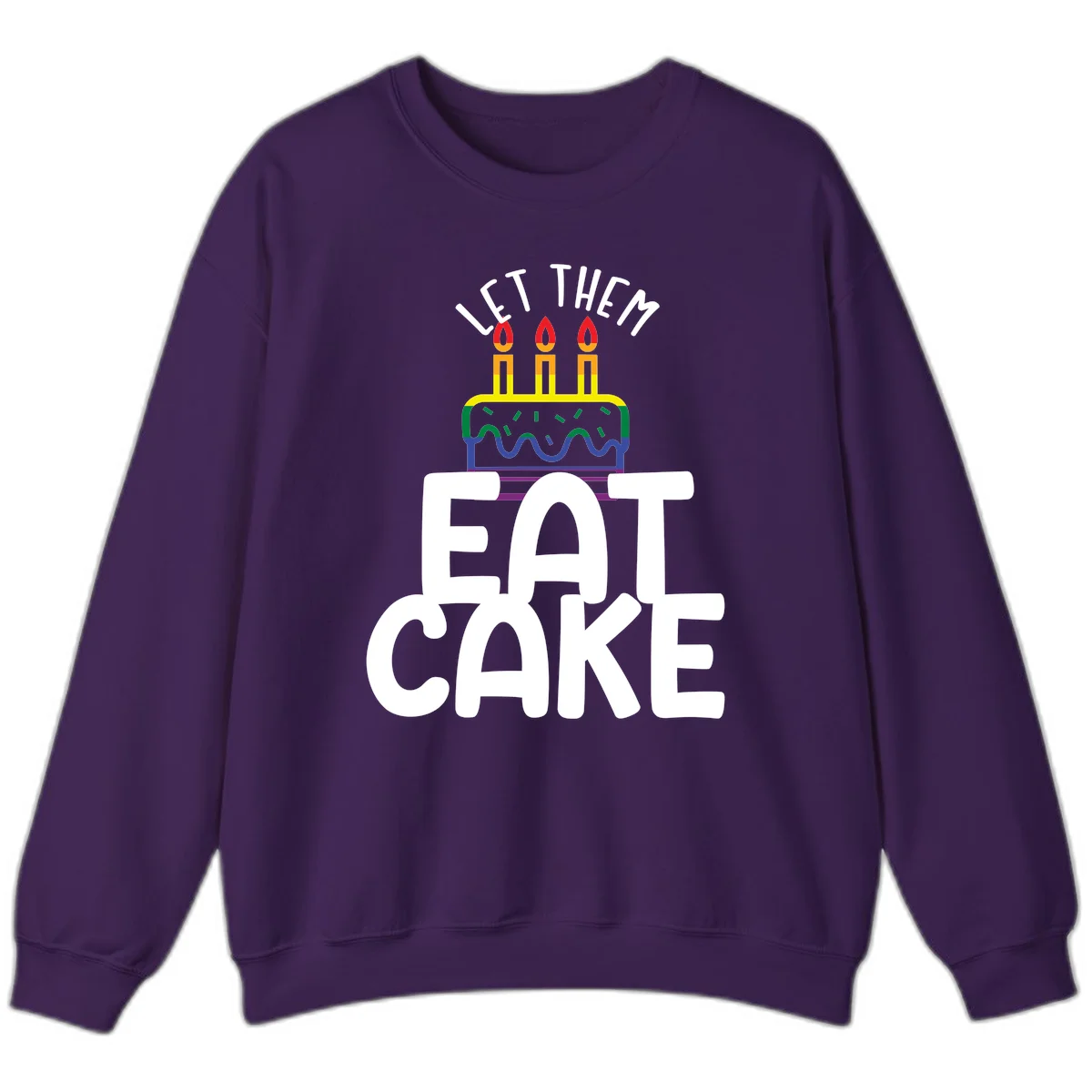 Rainbow-layered birthday cake with three candles above bold white text reading 'Let Them Eat Cake' - a Pride-themed design in Purple