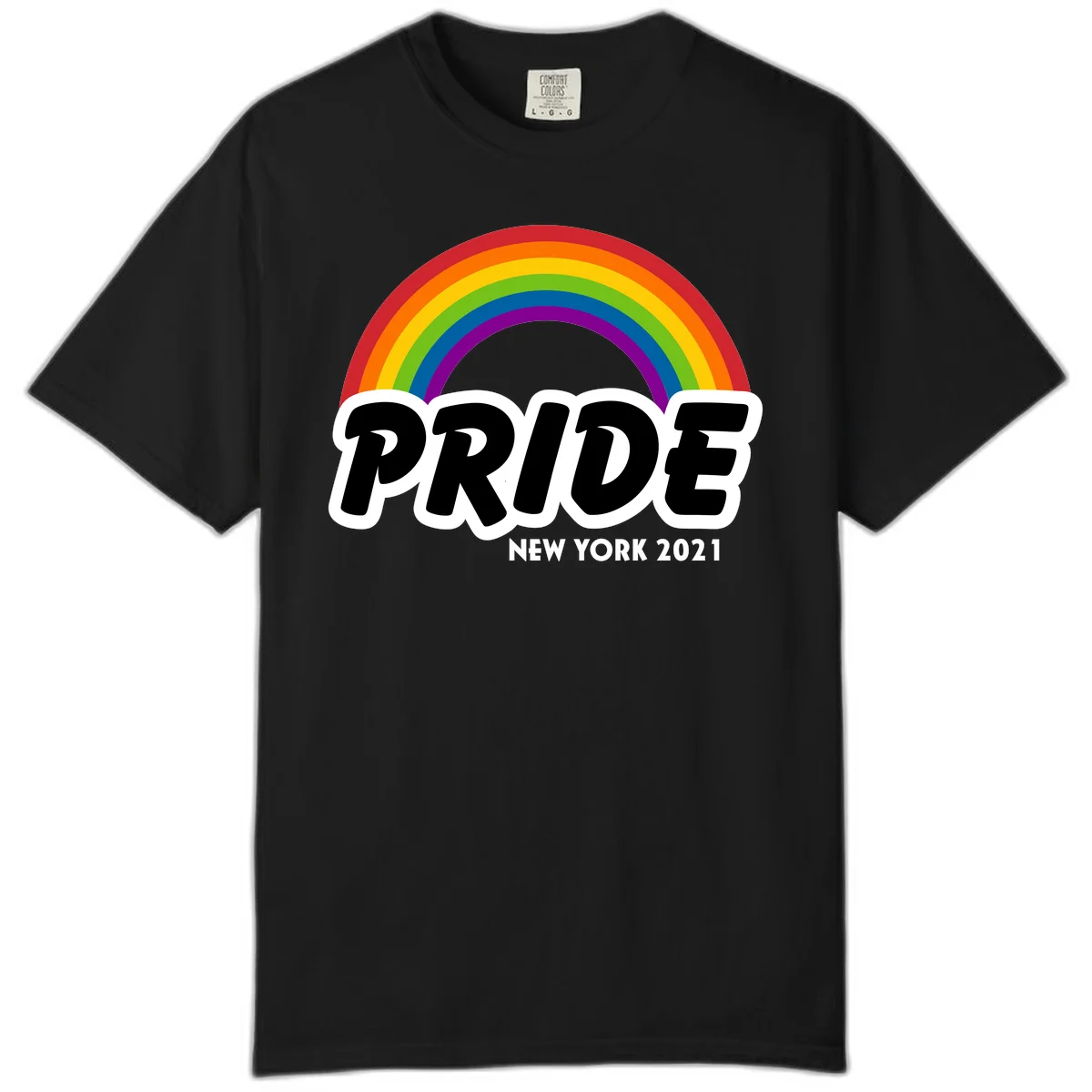 Pride New York 2021 design with vibrant rainbow arc and bold black text on gray background in Black