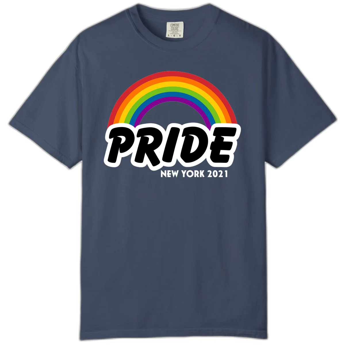 Pride New York 2021 design with vibrant rainbow arc and bold black text on gray background in Midnight