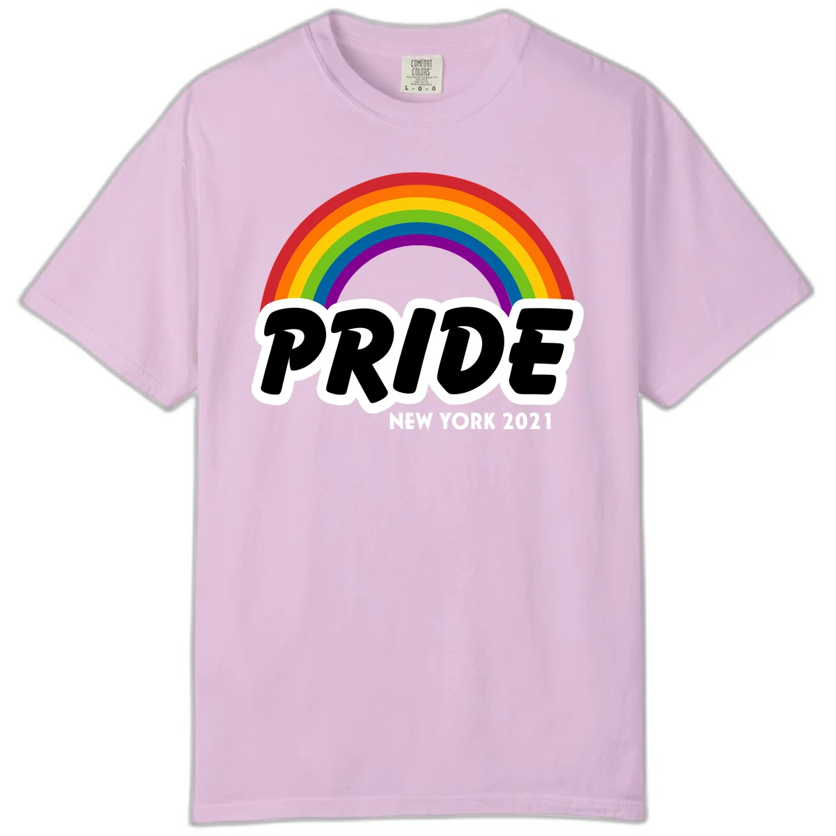 Pride New York 2021 design with vibrant rainbow arc and bold black text on gray background in Orchid