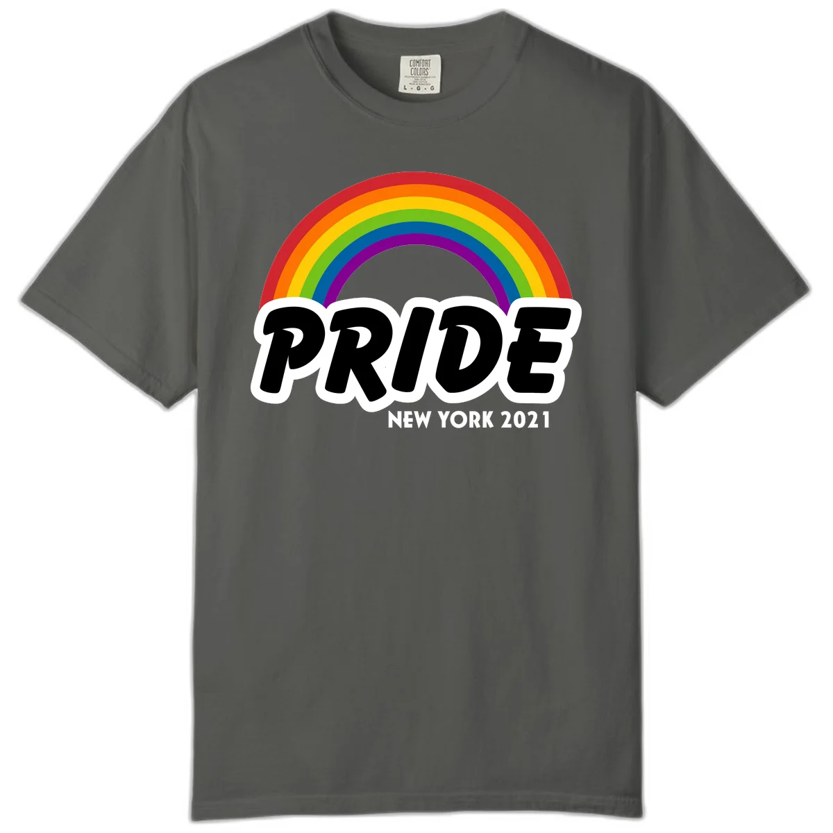 Pride New York 2021 design with vibrant rainbow arc and bold black text on gray background in Pepper