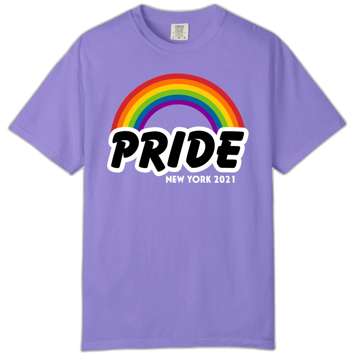 Pride New York 2021 design with vibrant rainbow arc and bold black text on gray background in Violet