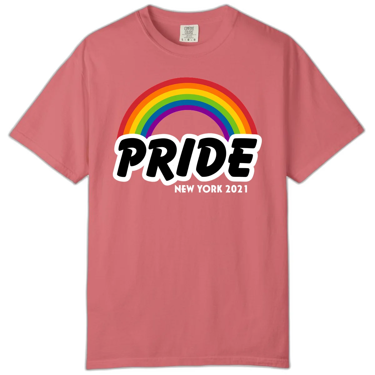 Pride New York 2021 design with vibrant rainbow arc and bold black text on gray background in Watermelon