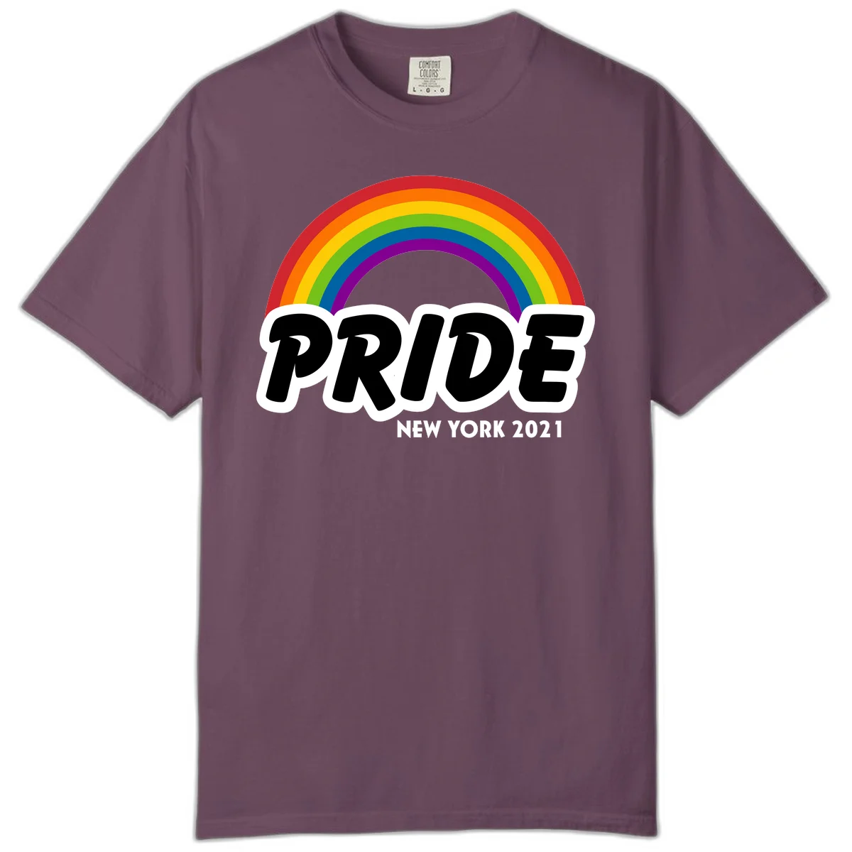 Pride New York 2021 design with vibrant rainbow arc and bold black text on gray background in Berry