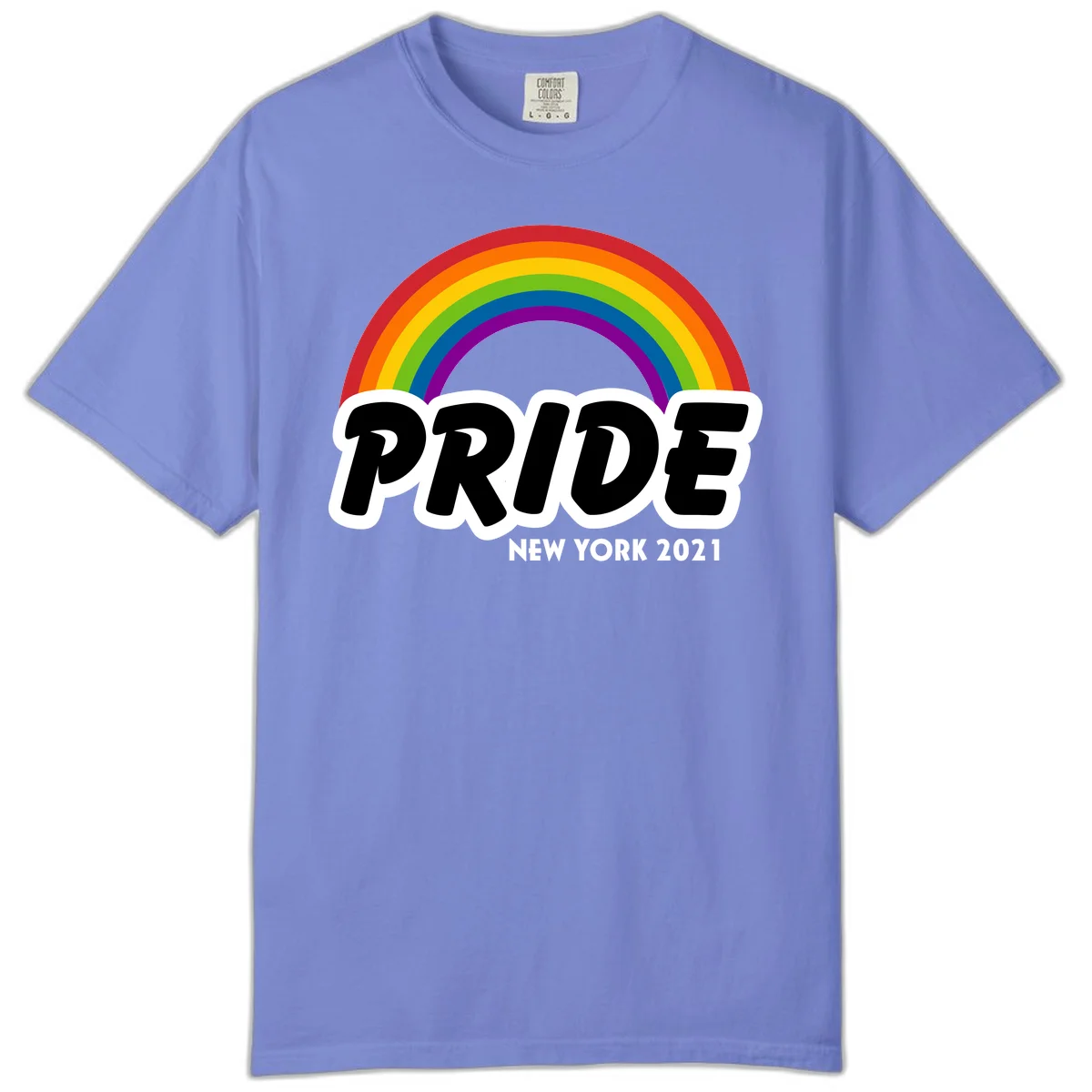 Pride New York 2021 design with vibrant rainbow arc and bold black text on gray background in Flo Blue